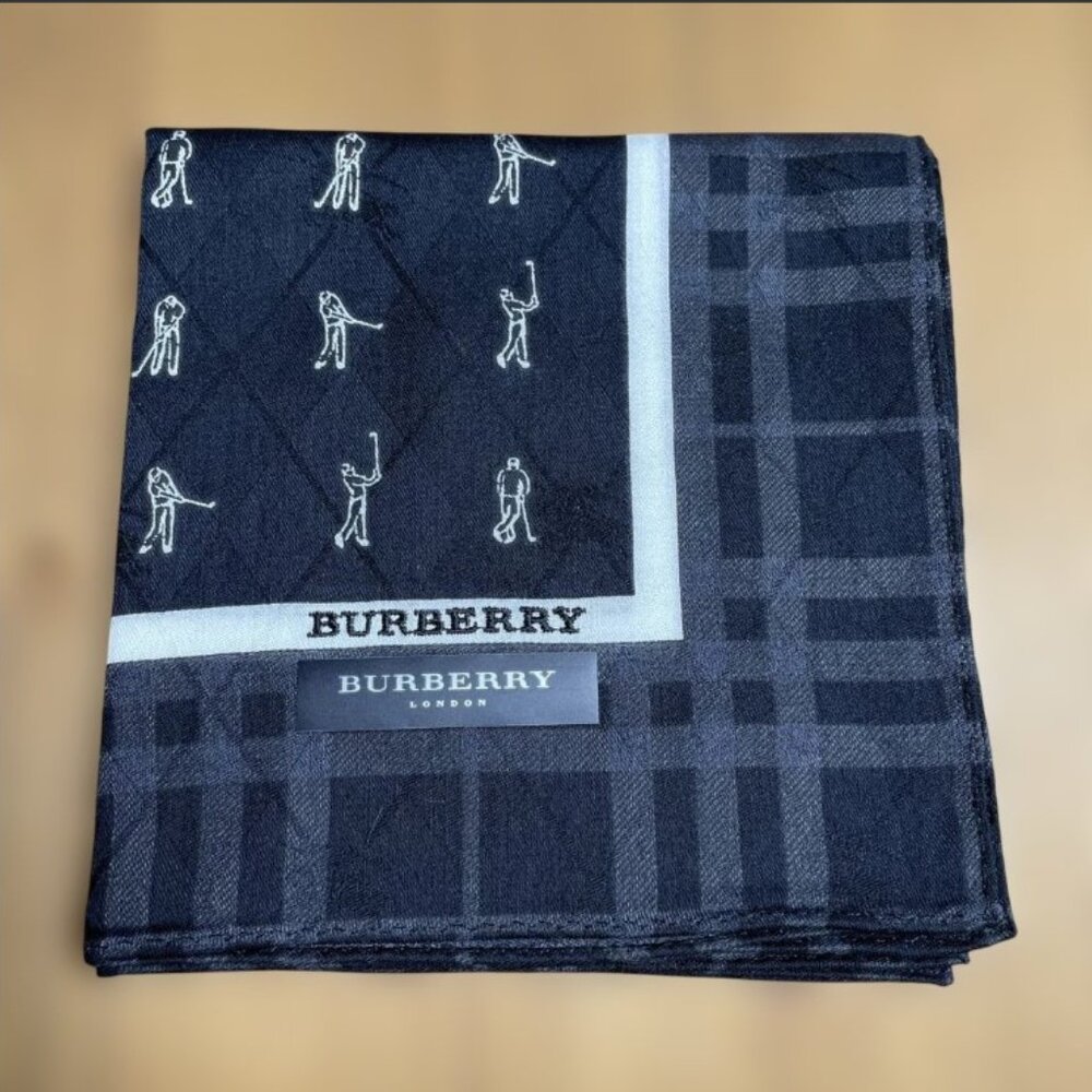 New Burberry London Cotton Handkerchief Pocket Square Scarf Navy Golf Plaid